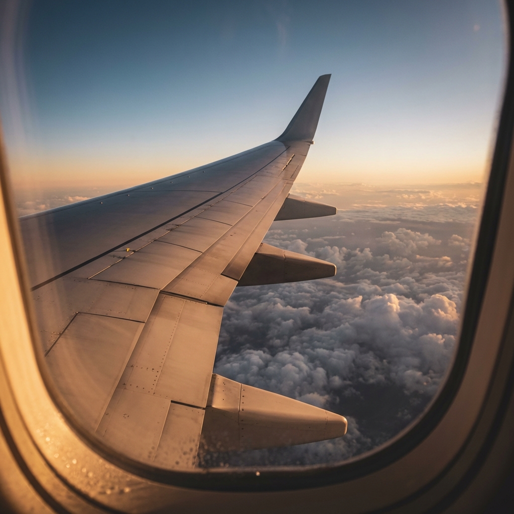 Vista desde ventana de avión al atardecer
